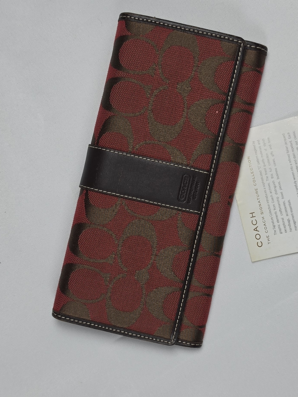 Vintage Coach Red Signature Canvas Long Wallet Brown Leather Trim
